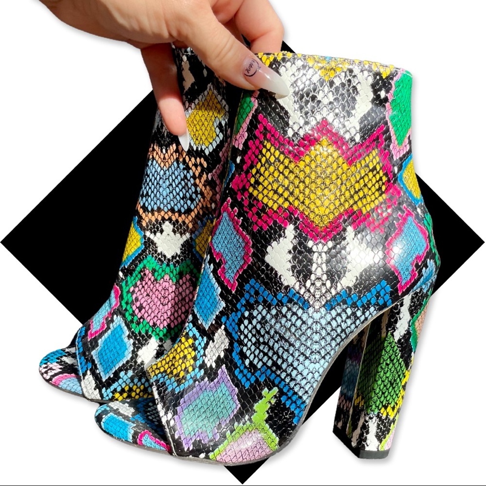 Colorful Peep Toe Snakeskin Booties